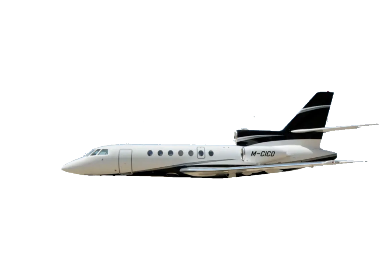 A white business jet with black tail and engine accents, registration M-CICO, seen from the side.