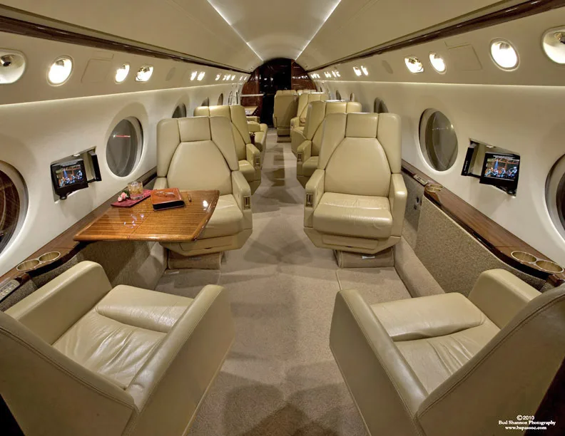 The aircraft's interior features tan leather seats and wood accents.