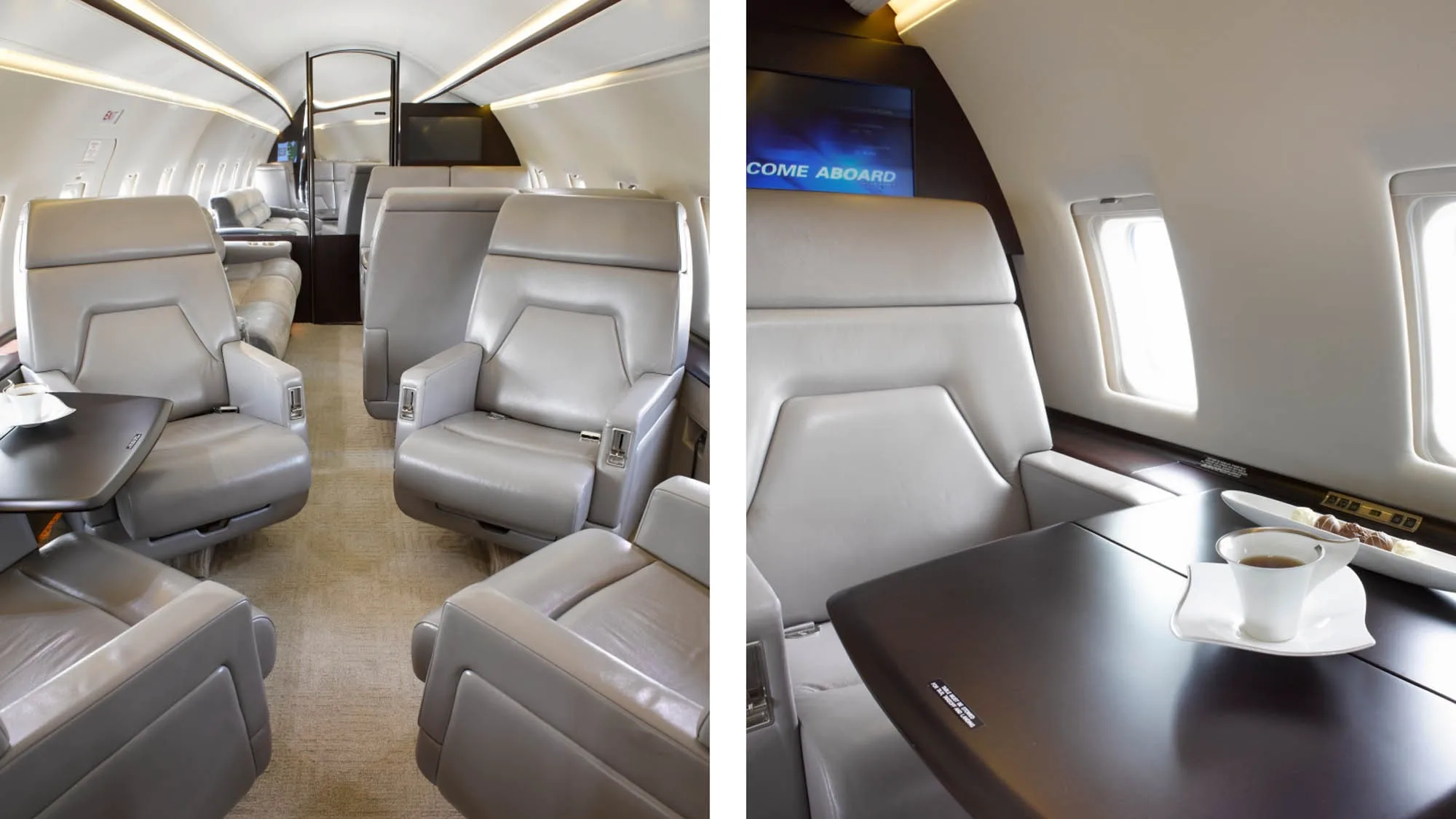 A split image showing the aircraft's cabin with light grey leather seats and a close-up of a seat with a table and a cup.