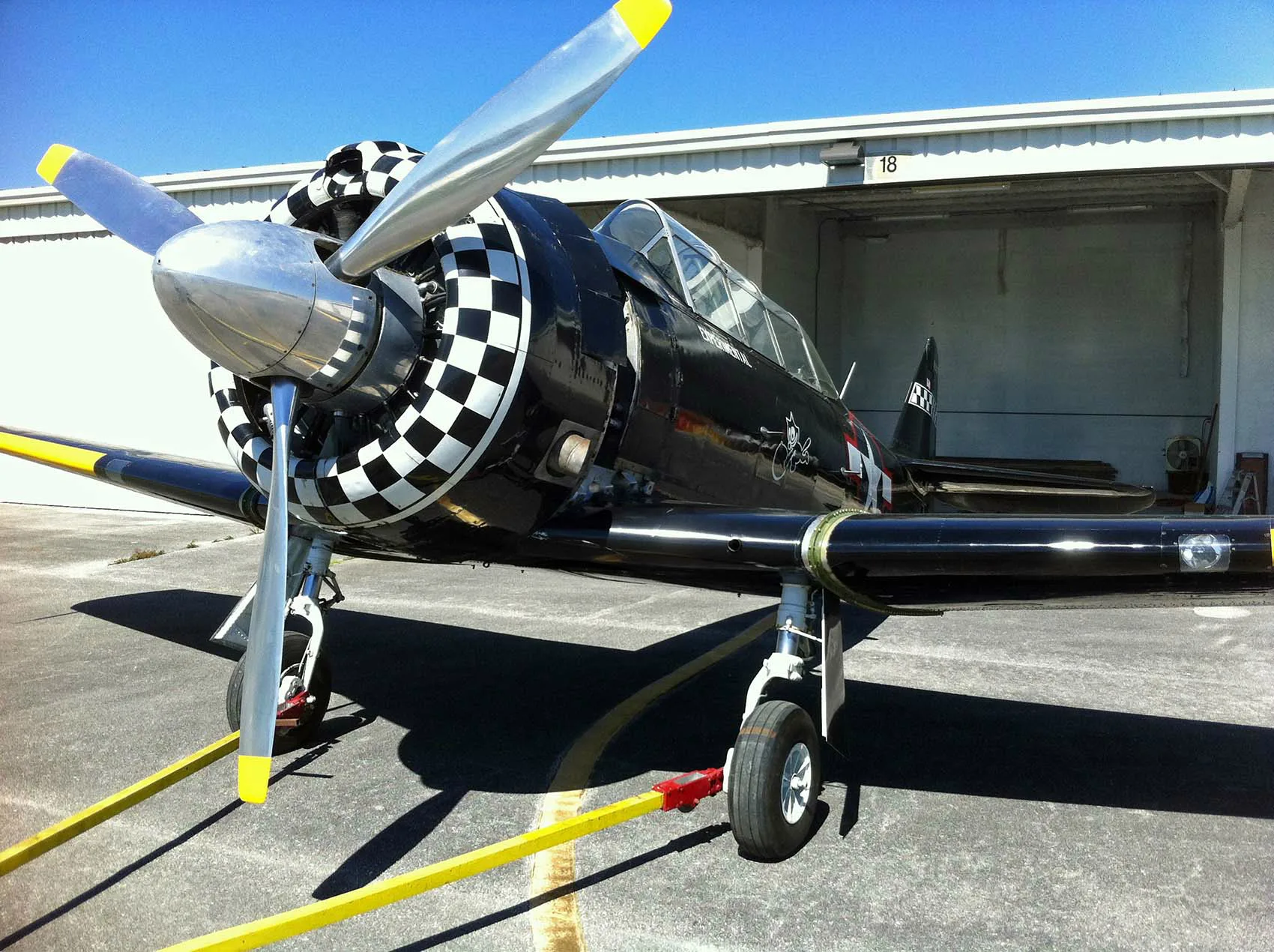 A front-quarter view of a black warbird aircraft with a checkered propeller cowling, parked in front of a hangar.