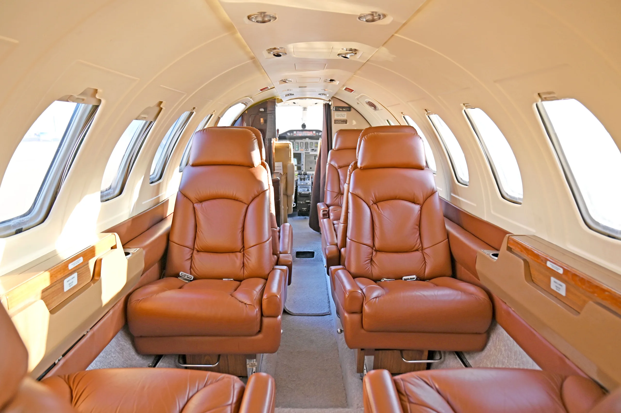 The interior cabin of a private jet with rows of brown leather seats facing forward.