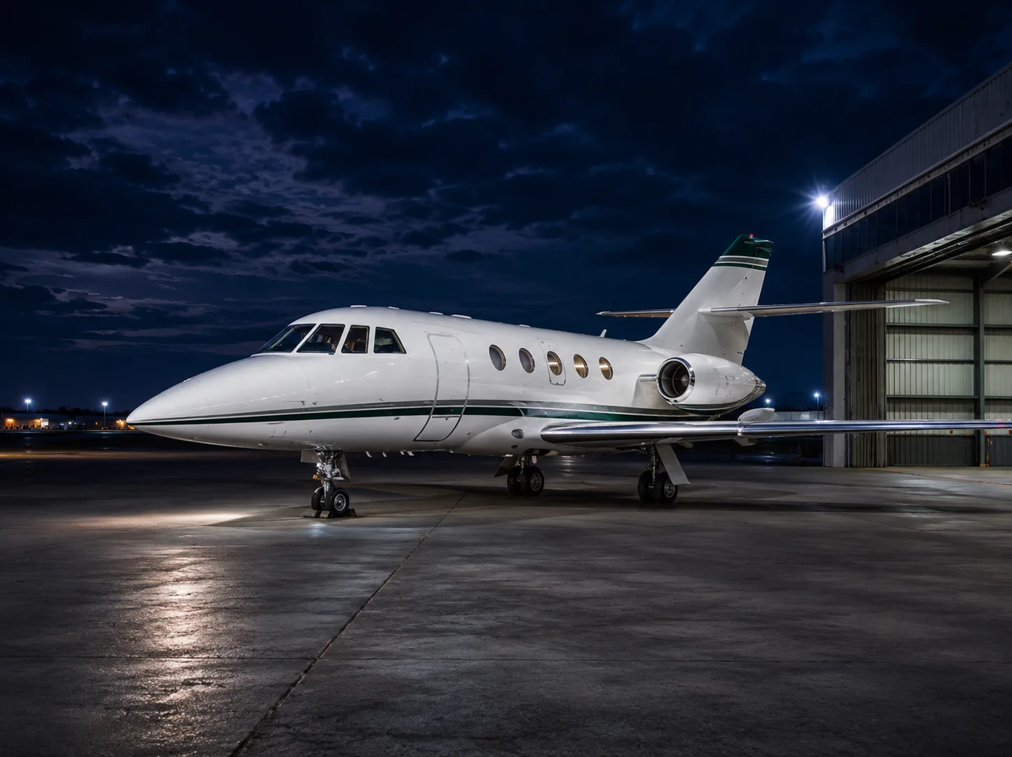 A white business jet with a green stripe is parked on a tarmac at night, illuminated by ground lights, with a dark cloudy sky.