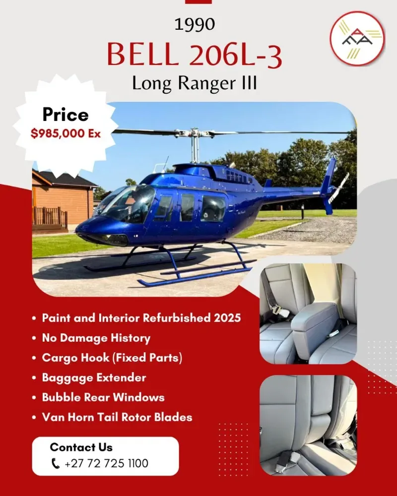 An advertisement poster featuring a blue Bell 206L-3 Long Ranger III helicopter parked outdoors, with smaller insets showing its grey interior seats.