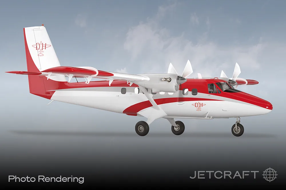 A red and white De Havilland Twin Otter aircraft rendering in a side view against a cloudy sky.