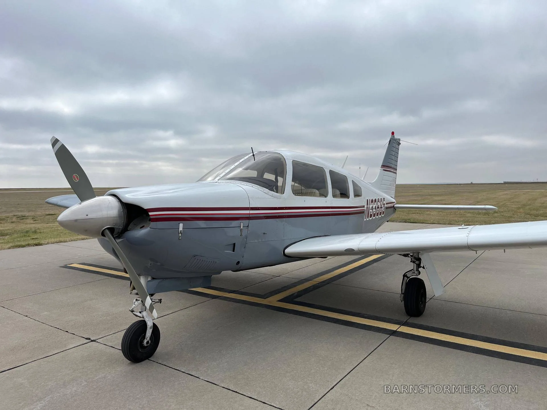 A light gray and white single-engine aircraft with a red stripe, registration N33665, parked on an asphalt ramp under a cloudy sky, viewed from the front-right.