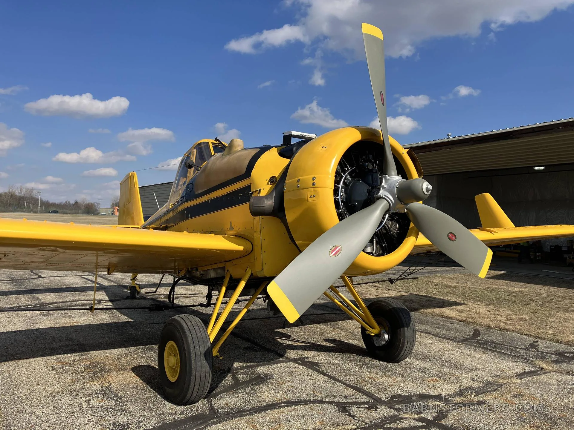 A three-quarter front view of a yellow agricultural aircraft with a black stripe, parked on an asphalt ramp.