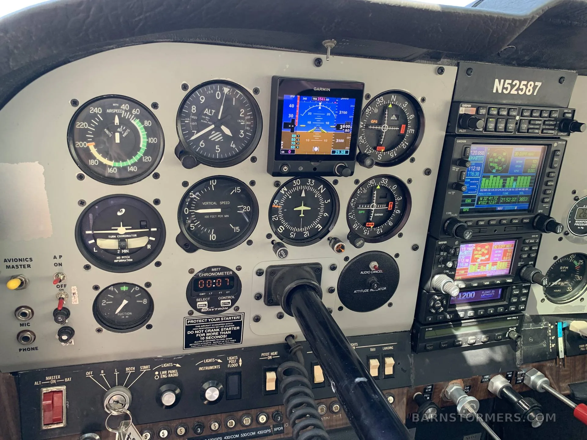 Close-up of the pilot's side instrument panel in a Cessna cockpit, showing analog gauges and two Garmin displays.