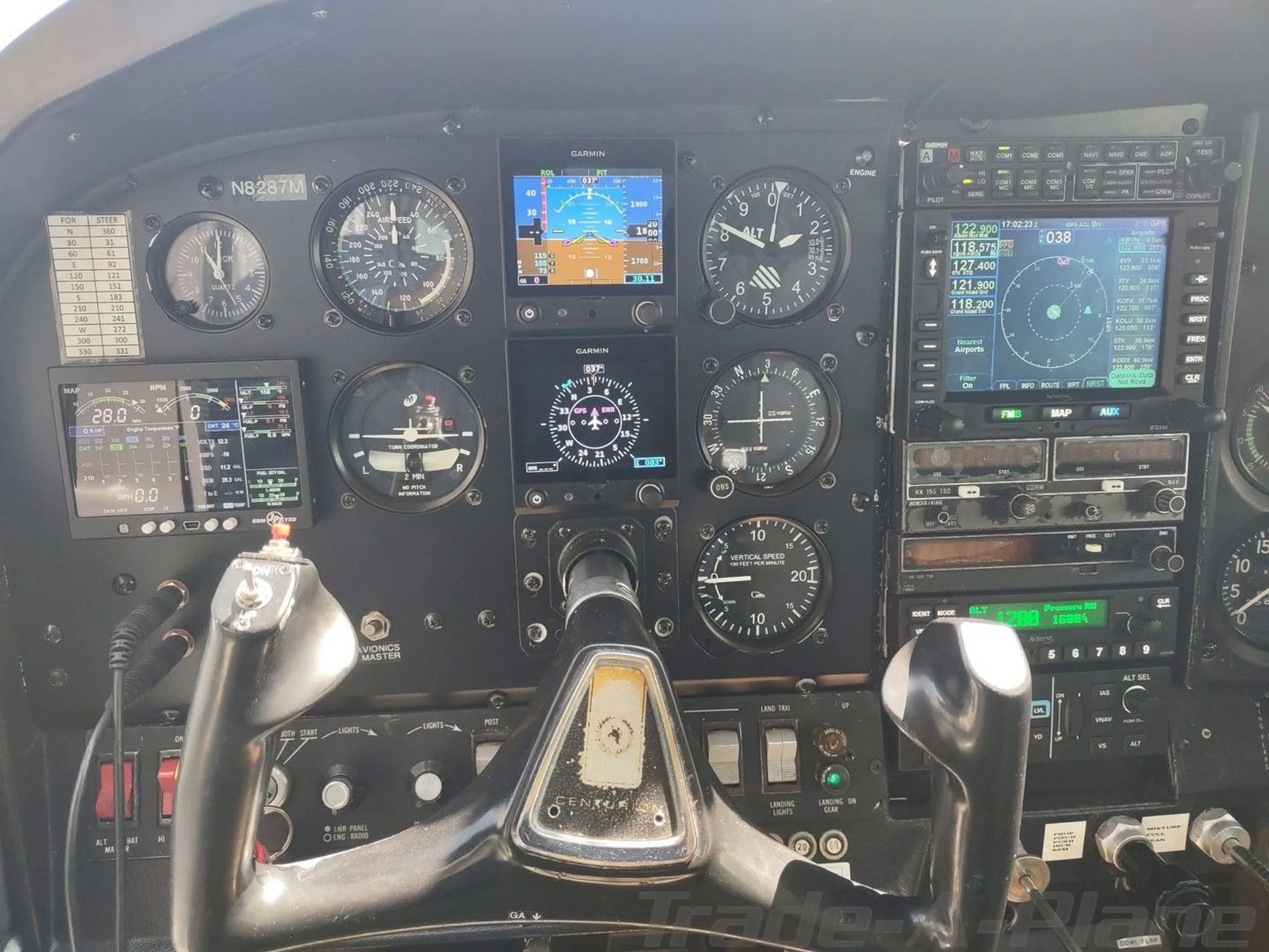 A close-up view of a Cessna cockpit with a mix of analog gauges and modern Garmin digital displays.
