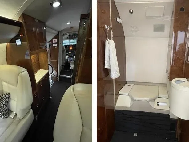 A split image showing the aircraft galley area and a lavatory with a toilet.