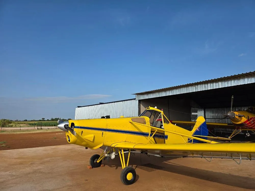 A yellow agricultural aircraft with blue stripes parked partially inside a hangar under a clear blue sky.