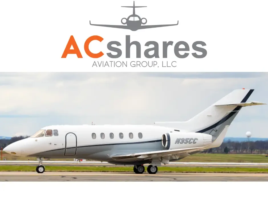A white business jet with grey accents, tail number N95SCC, on a tarmac under a cloudy sky, with an 'ACshares' logo overlaid at the top.