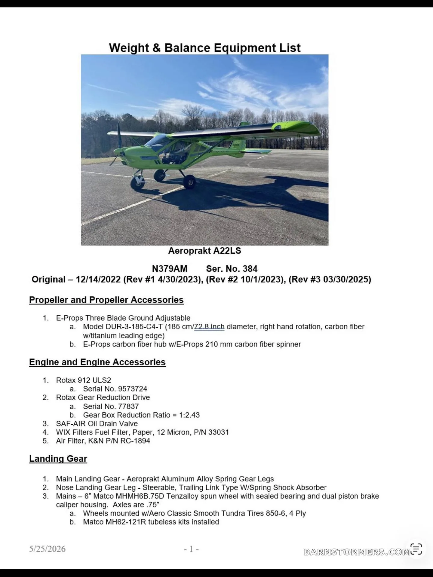 A bright green Aeroprakt A22LS light sport aircraft on an airfield, accompanied by a detailed weight and balance equipment list.