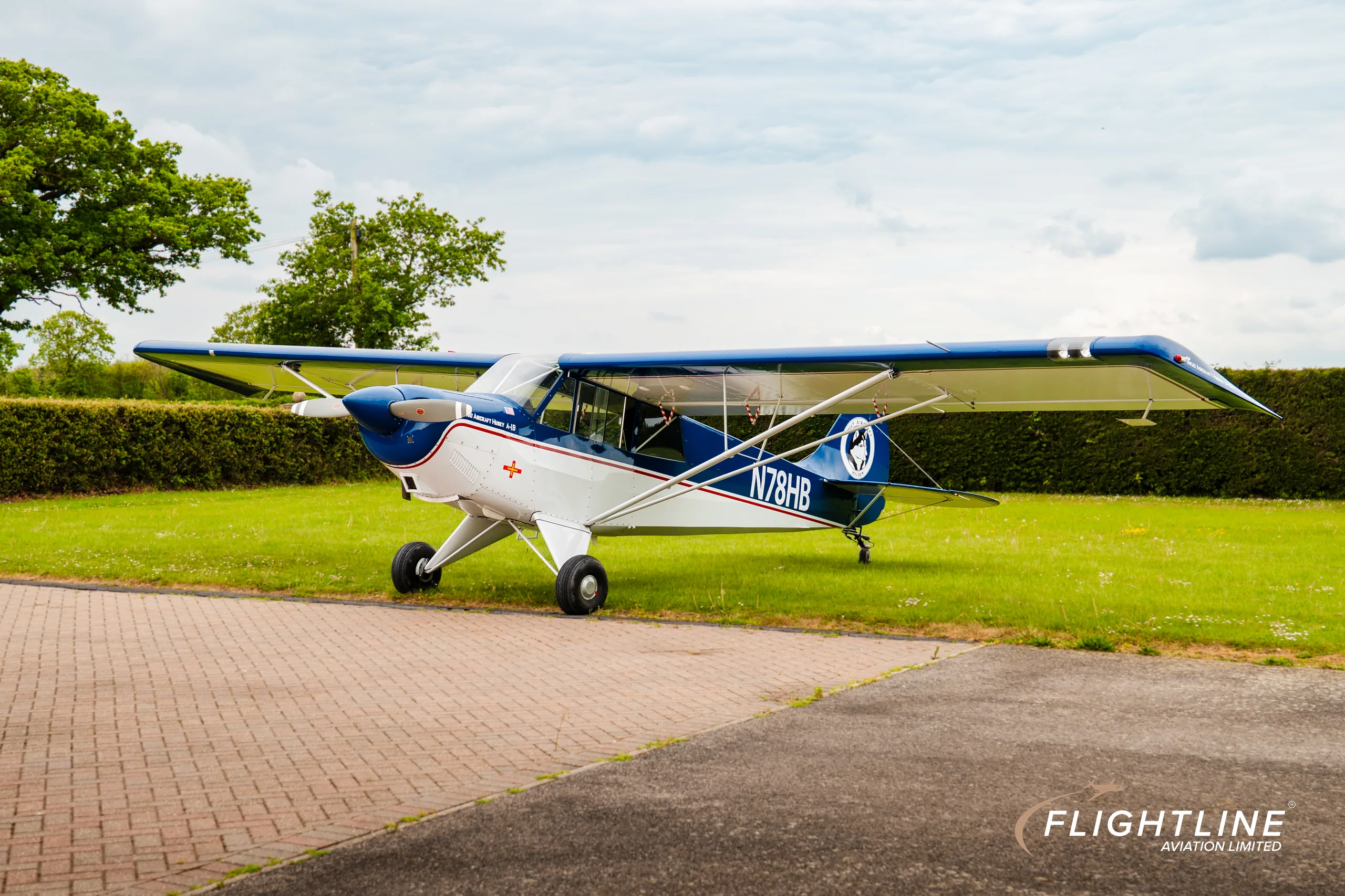 A blue and white Aviat Aircraft Husky A-1B (N78HB) parked on grass next to a paved area under a cloudy sky.