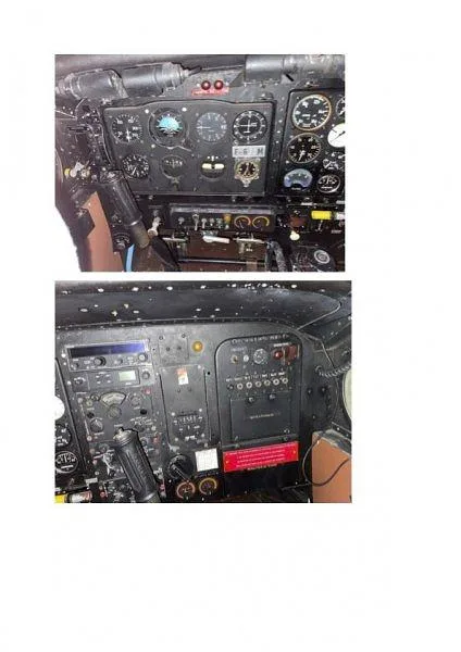 Two detailed close-up views of an aircraft's instrument panel, featuring various gauges, switches, and radio equipment.
