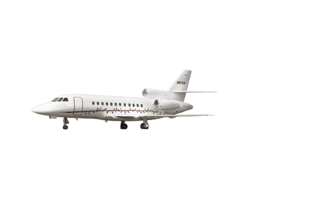 A white Dassault Falcon business jet with a brown vine-like livery detail on the fuselage, seen from the side on the ground.