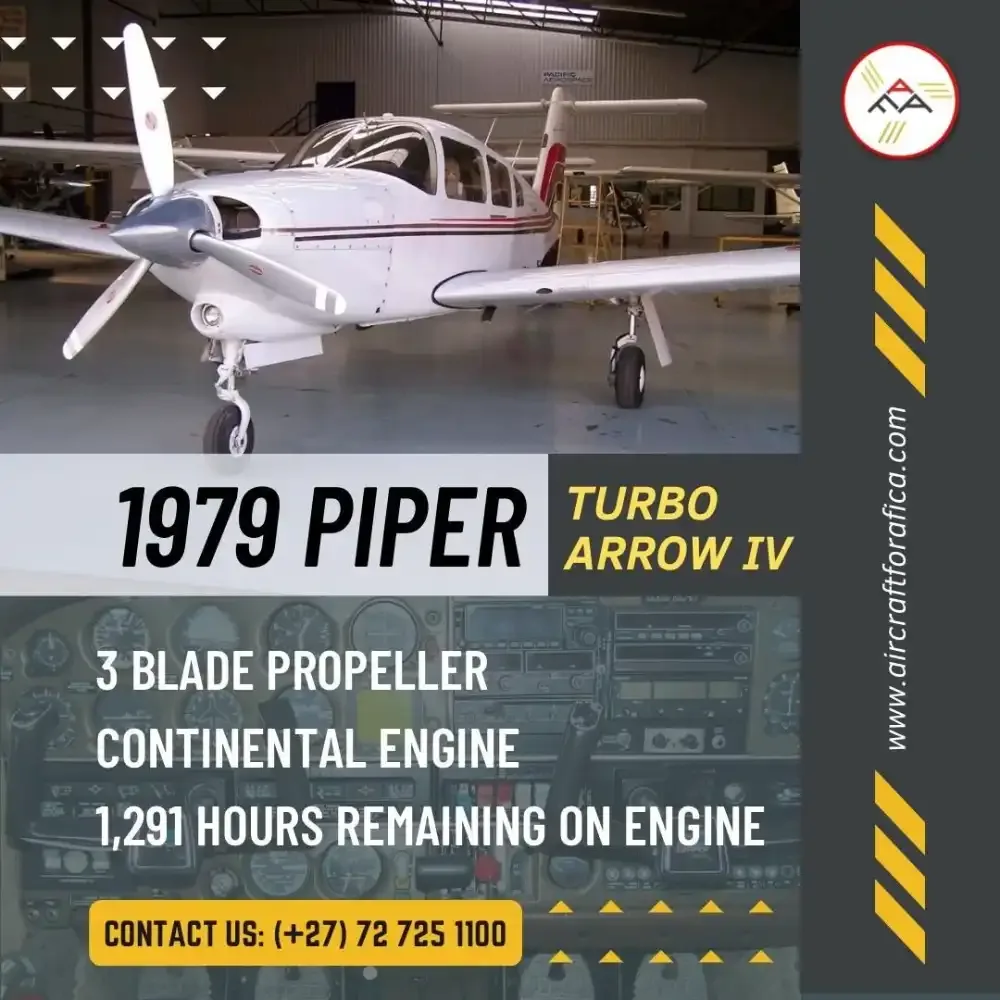A white 1979 Piper Turbo Arrow IV with red and black stripes is shown in a hangar, with a cockpit view at the bottom.