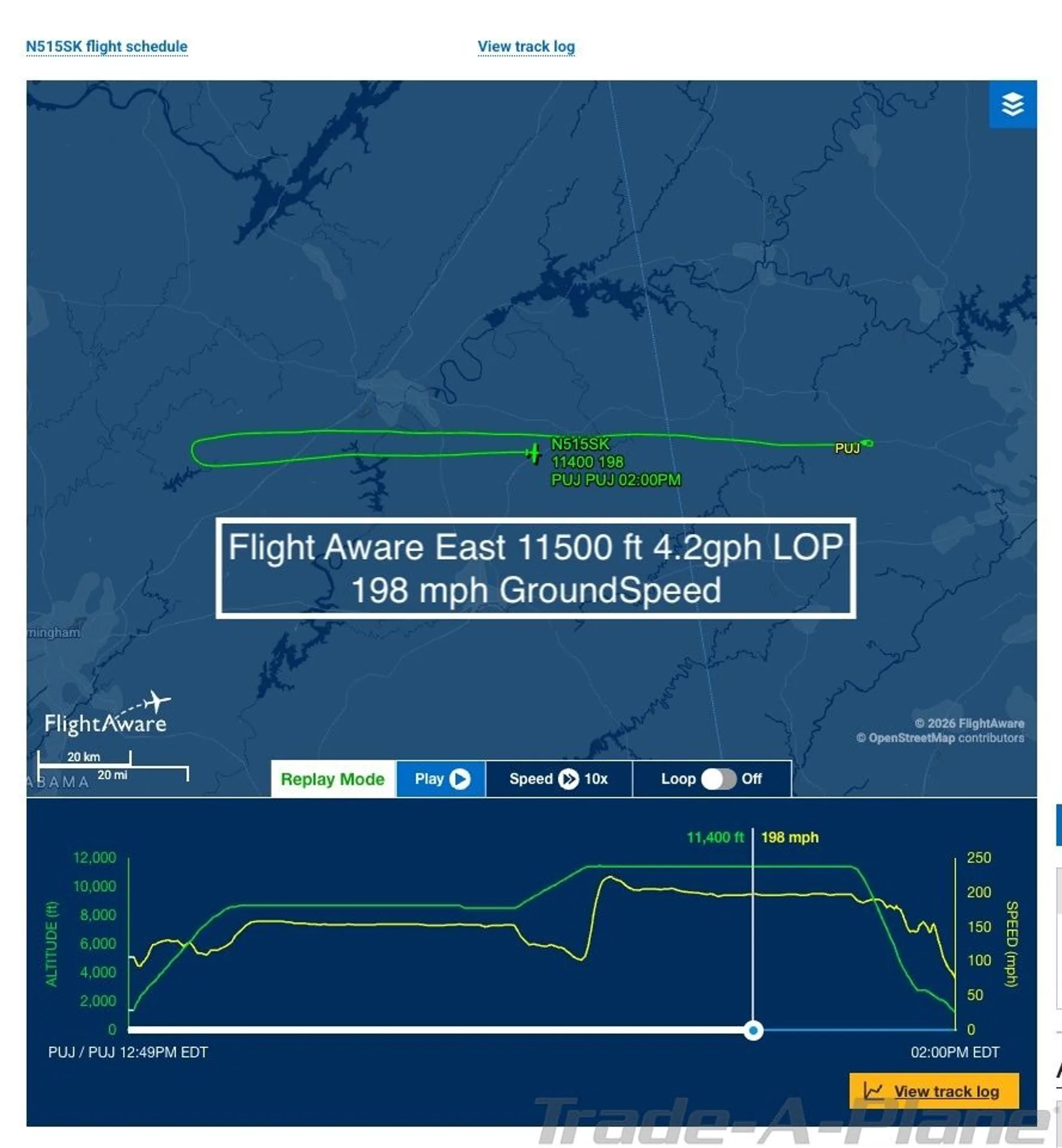 A FlightAware map showing the flight path of N515SK with altitude and groundspeed data.