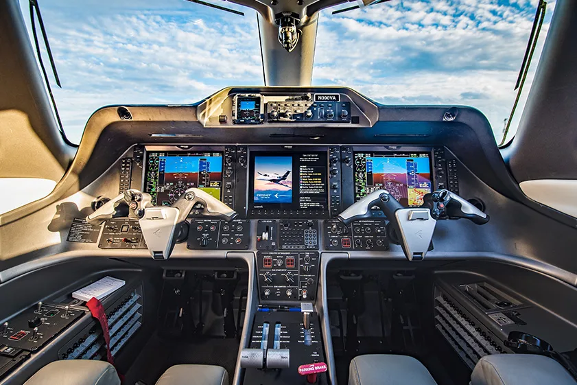 Detailed view of the Cirrus Vision Jet cockpit with advanced avionics and controls.