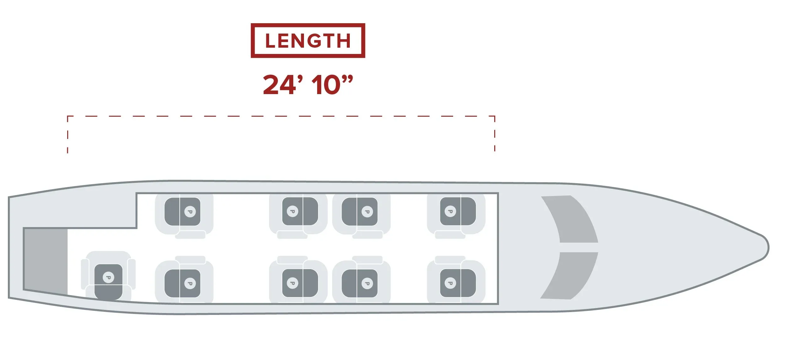 A top-down diagram showing the cabin layout with eight seats and a length of 24' 10".