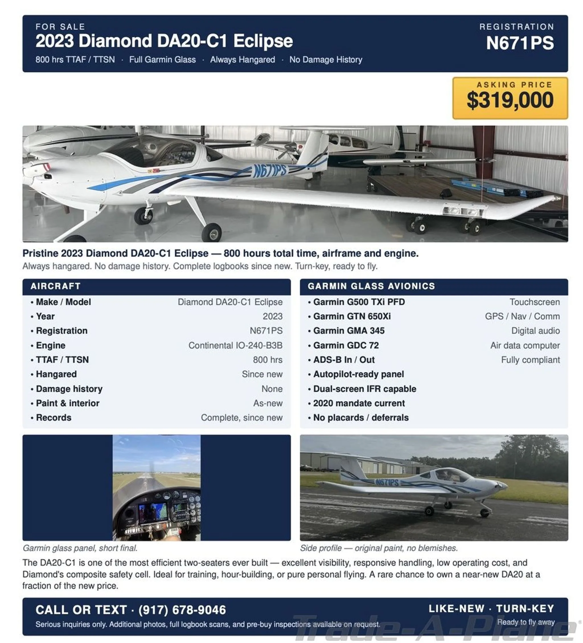 A sales advertisement for a 2023 Diamond DA20-C1 Eclipse, N671PS, featuring multiple aircraft photos, specifications, and asking price.