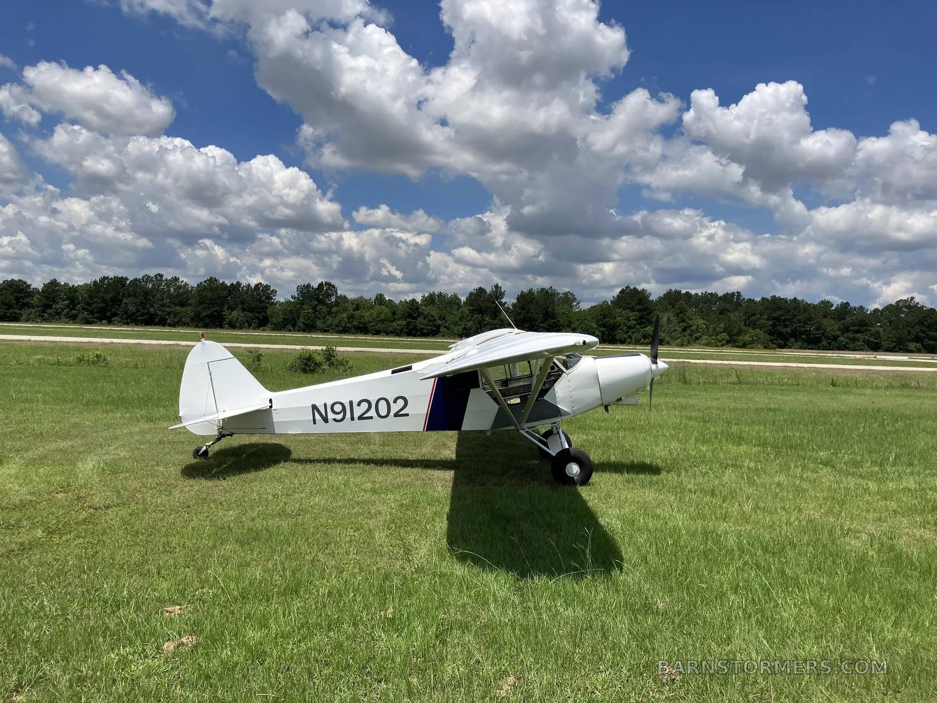 A white single-engine high-wing aircraft with registration N91202, viewed from the rear-left, on a grassy field.