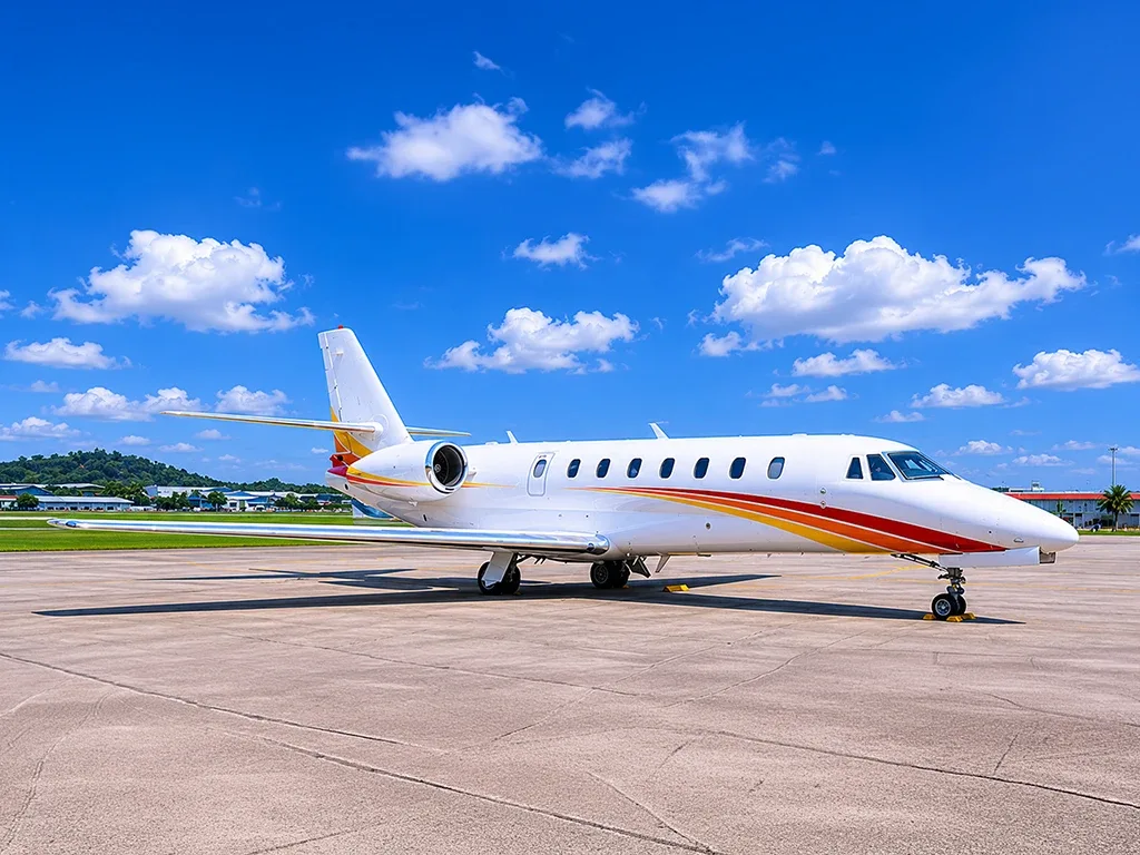 A white business jet with red, orange, and yellow stripes parked on an airport tarmac under a blue sky.