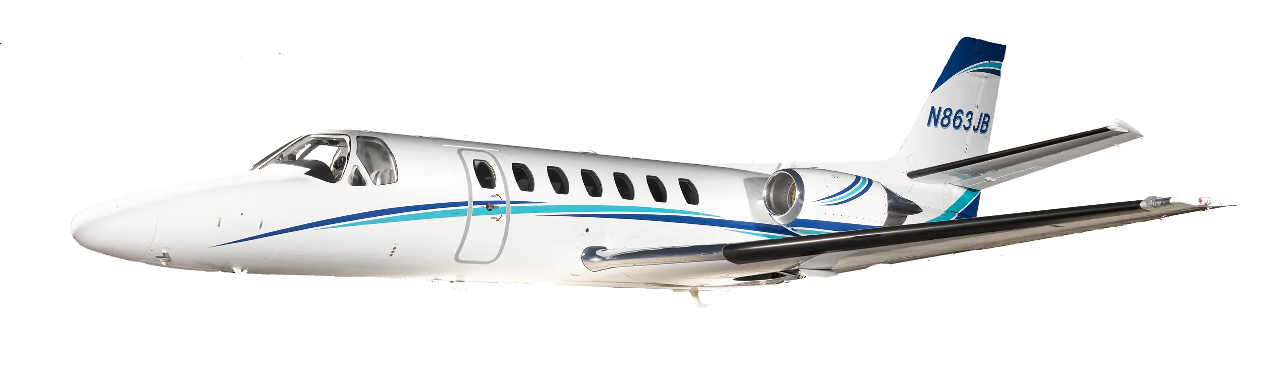 Side view of a white jet aircraft with blue accents, registration N863JB.