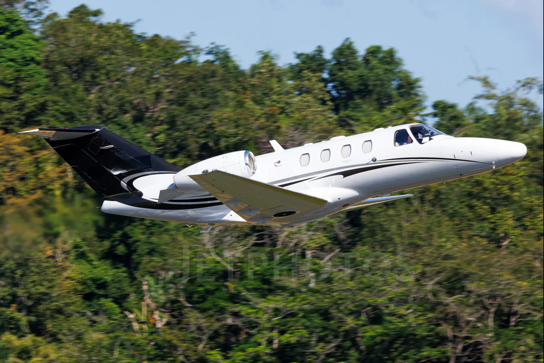 A white business jet with black and grey stripes takes off over green trees under a blue sky.