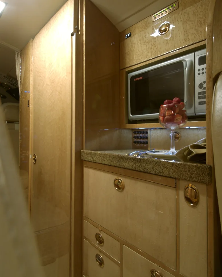 Close-up of the aircraft's interior kitchen area with a microwave and sink.