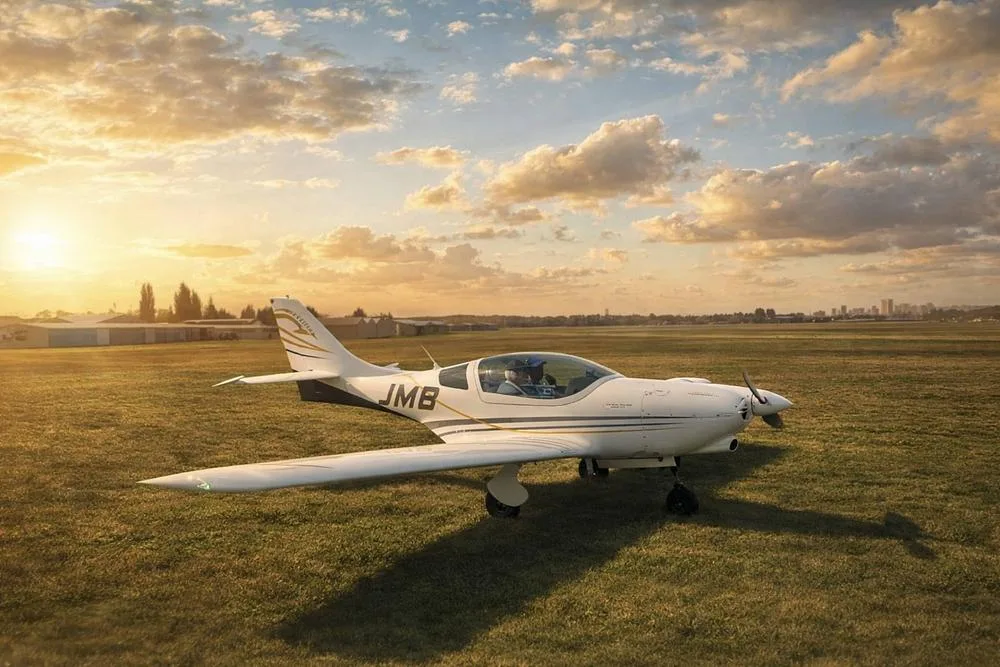 A white JMB aircraft with gold and black accents sits on a grassy field at sunset, with a city skyline in the distance.