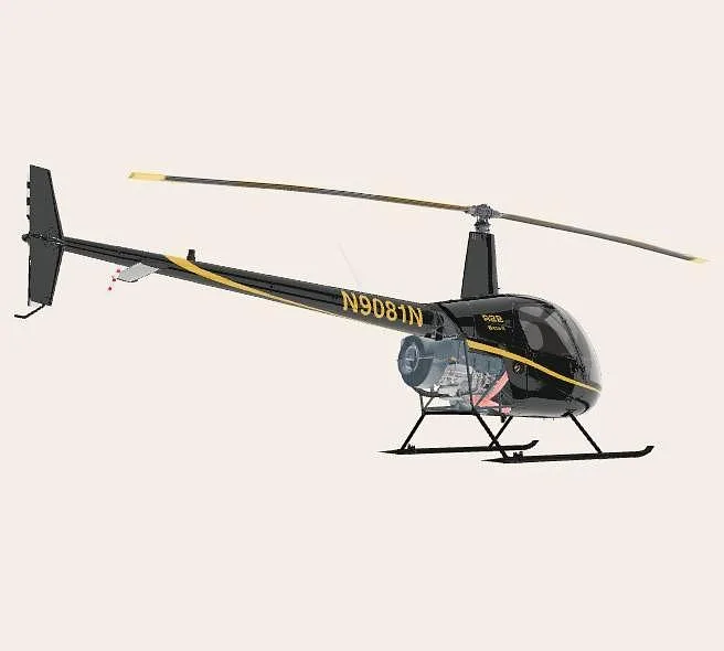 A black Robinson R22 helicopter with yellow stripes and registration N9081N, viewed from the side-rear.