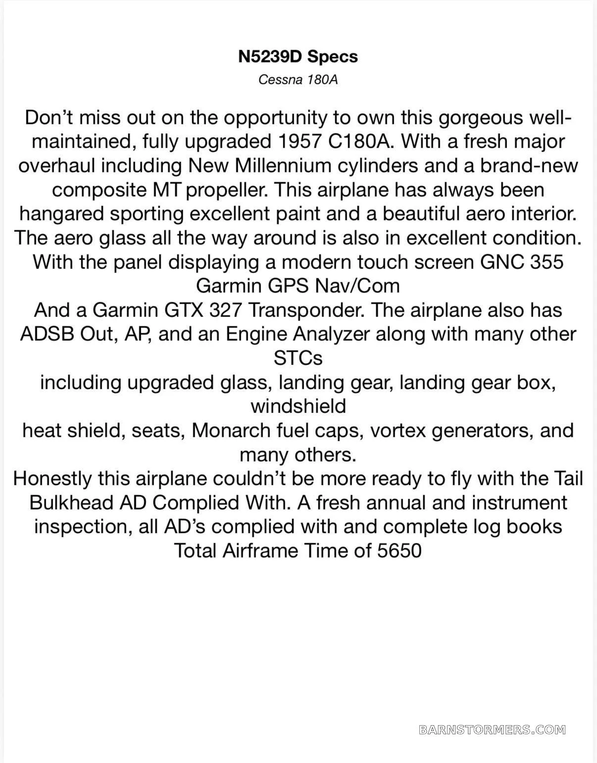 A text document titled "N5239D Specs Cessna 180A" detailing the aircraft's features and upgrades.