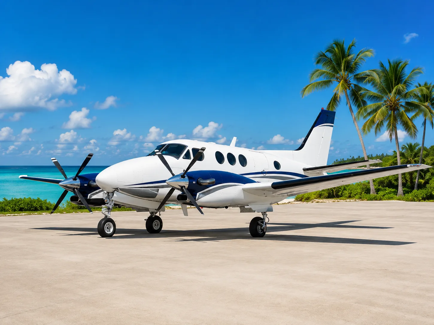 A white and blue twin-engine turboprop aircraft is parked on an airfield next to a tropical beach with palm trees and turquoise water.