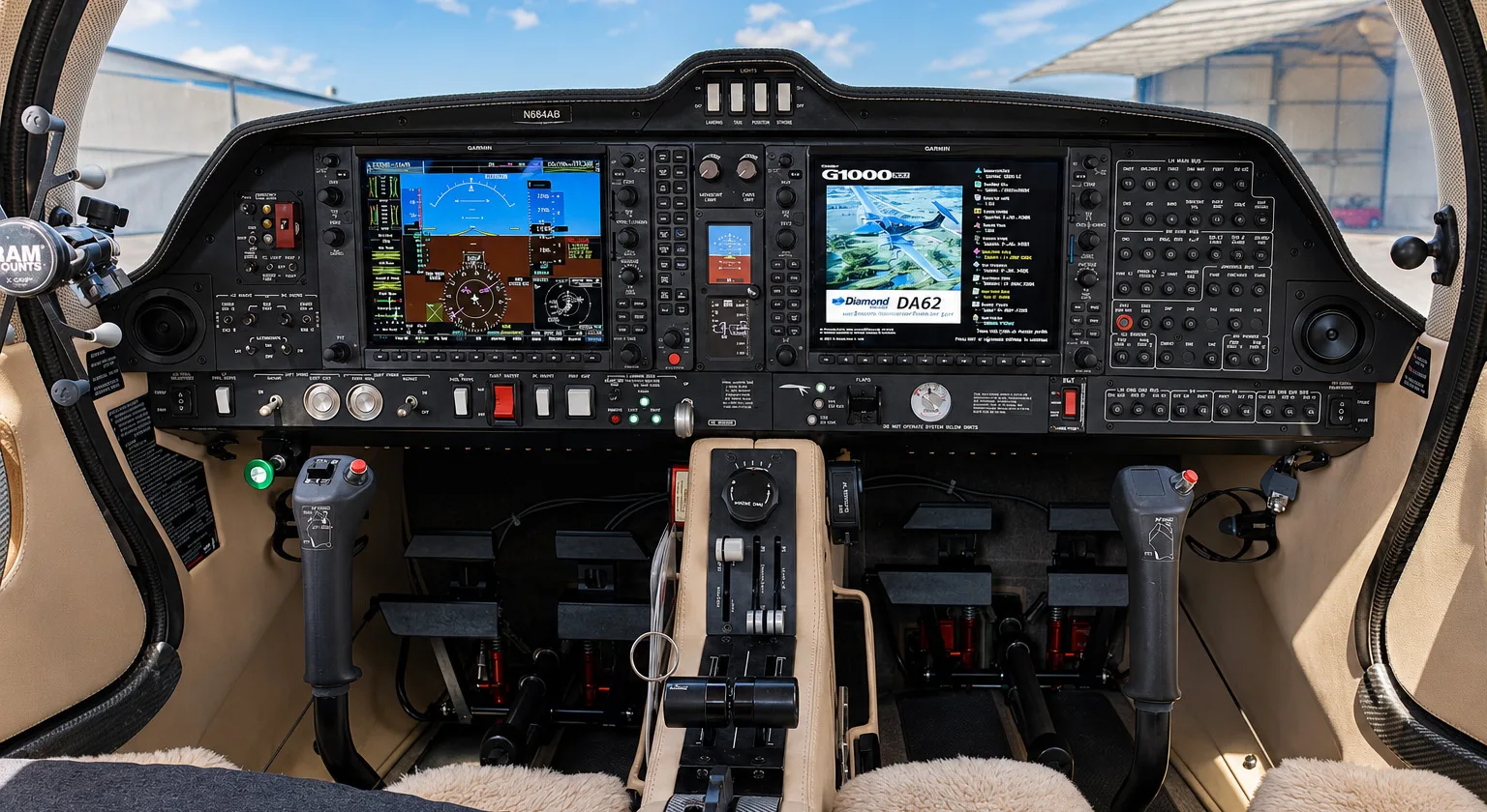 The cockpit of a Diamond DA62 aircraft featuring a Garmin G1000 NXi glass panel and dual stick controls.
