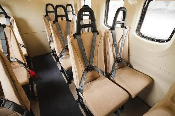 A close-up view of beige passenger seats with shoulder harnesses inside an aircraft cabin.