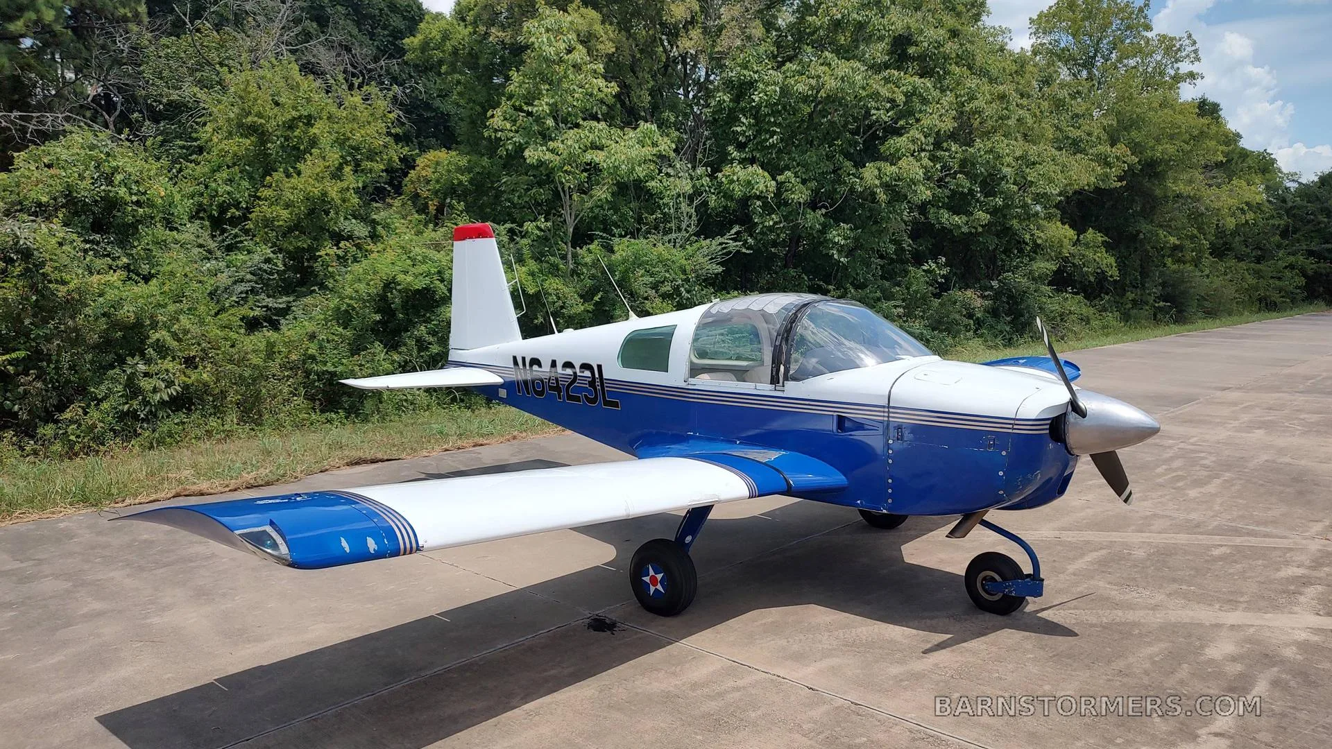 A white and blue American Aviation AA-1 Yankee aircraft with registration N6423L, viewed from the front-right, parked on an asphalt surface with trees in the background.
