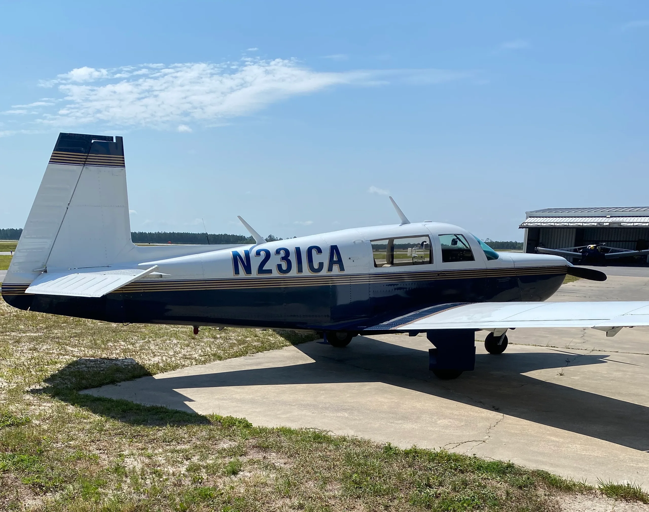 Rear-side view of a blue and white single-engine aircraft (N231CA) parked on concrete.