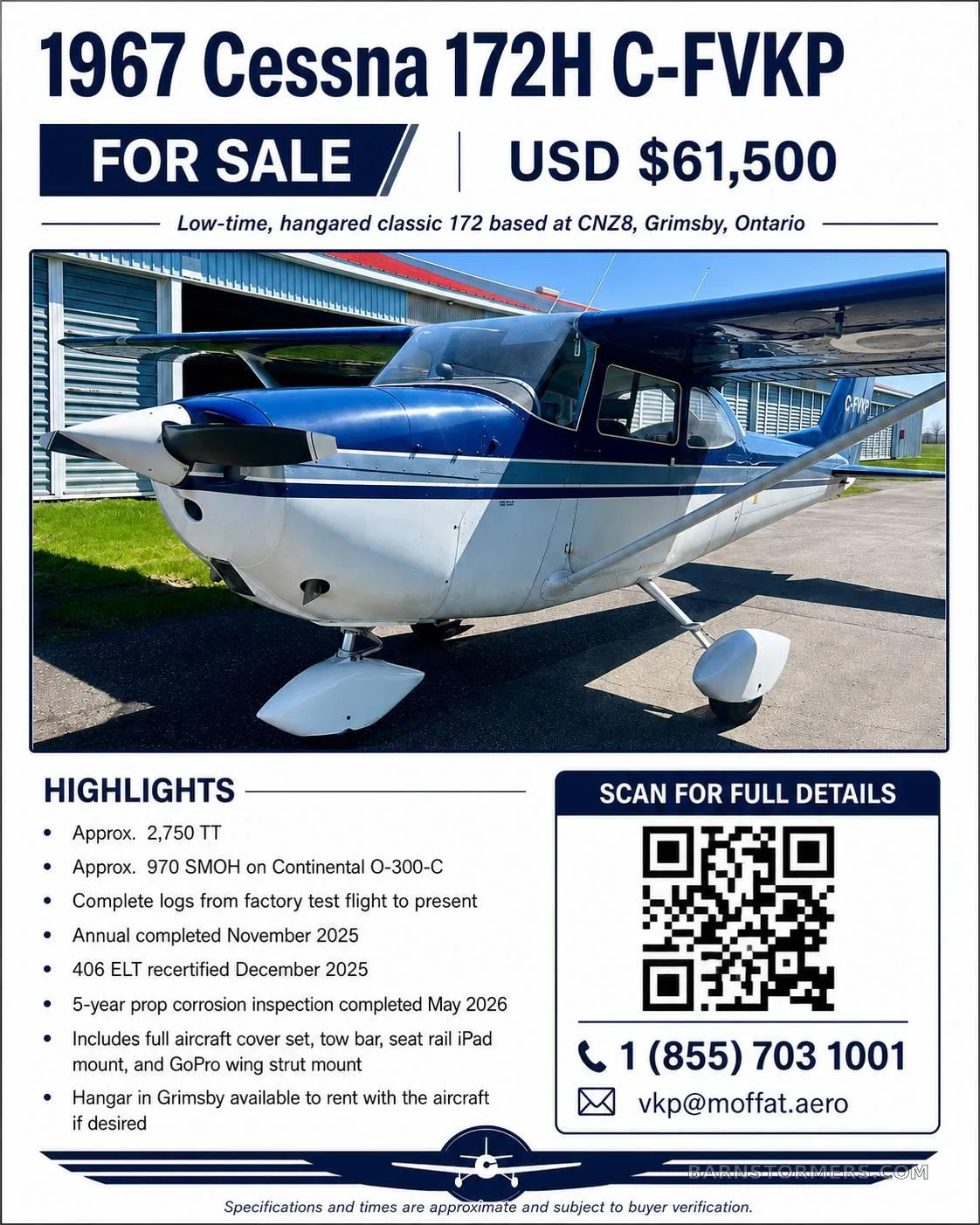 A 1967 Cessna 172H, registration C-FVKP, in blue and white paint, parked on an tarmac in front of a hangar, viewed from the front-right.