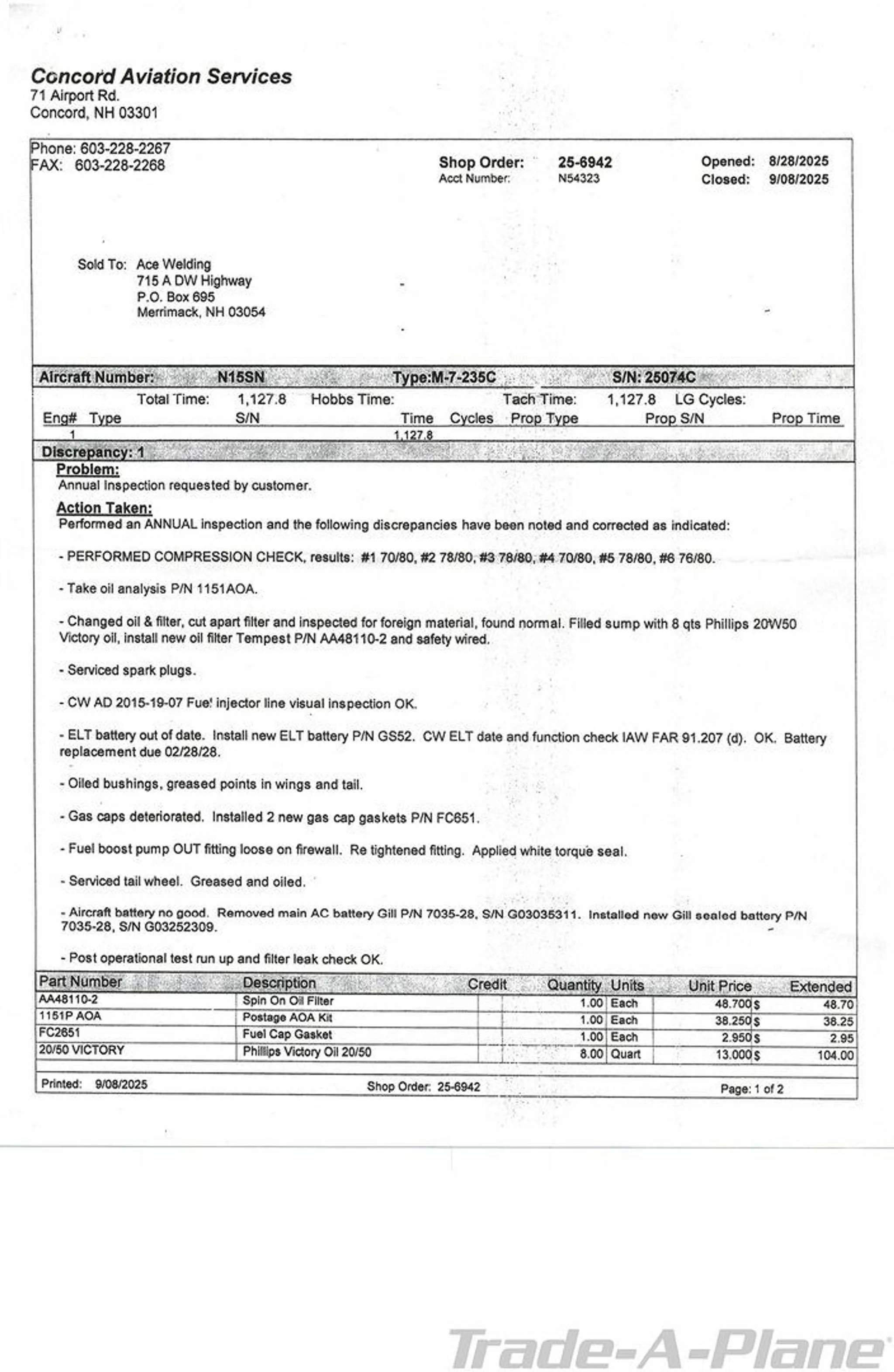 A maintenance record document for aircraft N15SN from Concord Aviation Services.