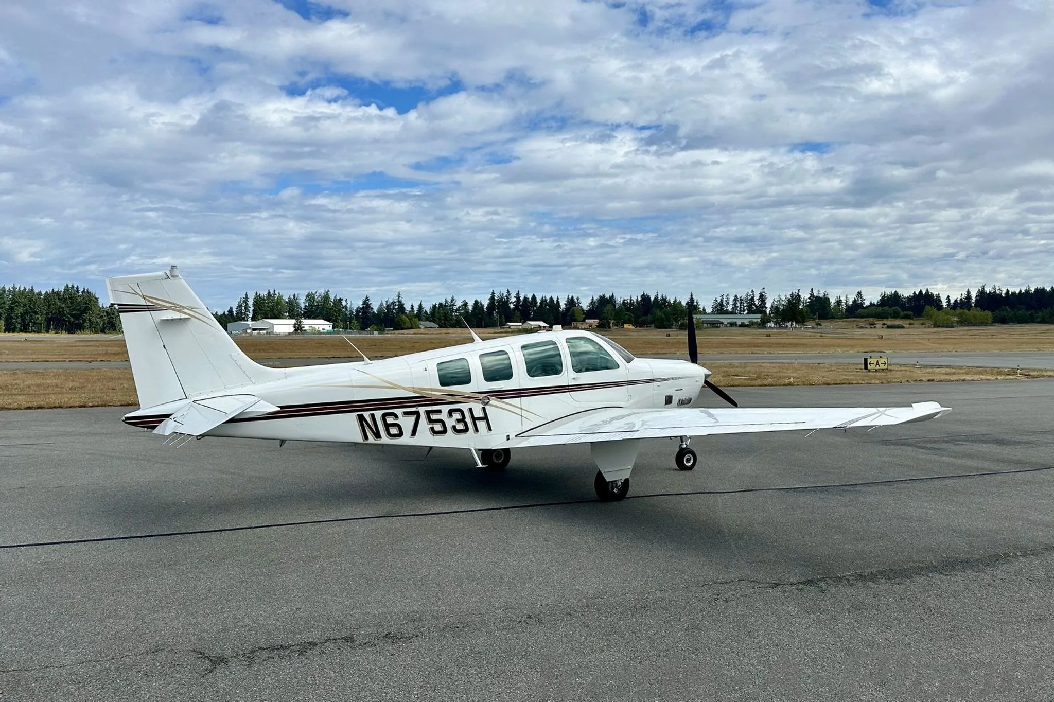 Rear view of the Beechcraft B36TC Bonanza parked on the tarmac.