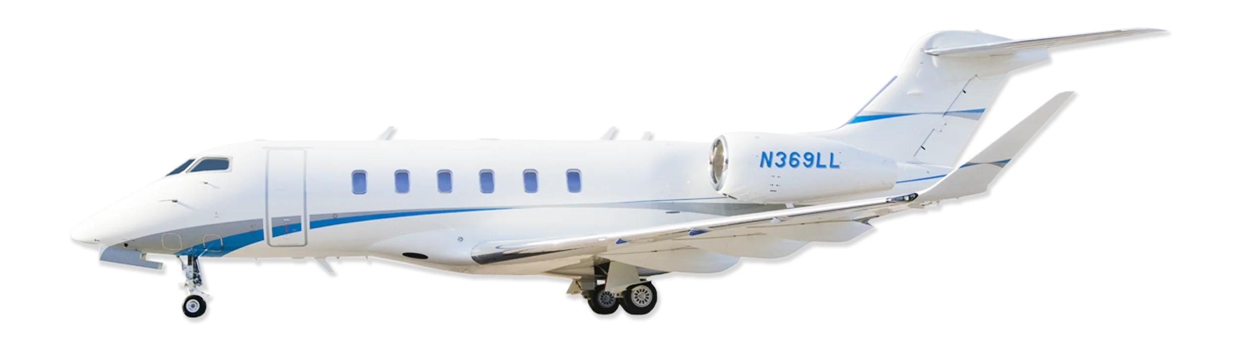 A white business jet with blue and grey accents, registration N369LL, on a tarmac.