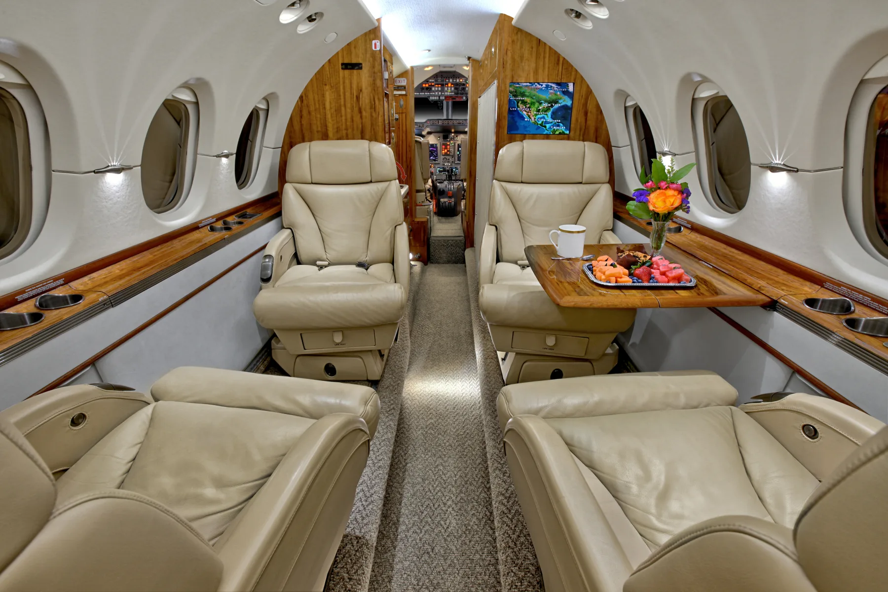 A view of the aircraft's interior with leather seats and wood trim.