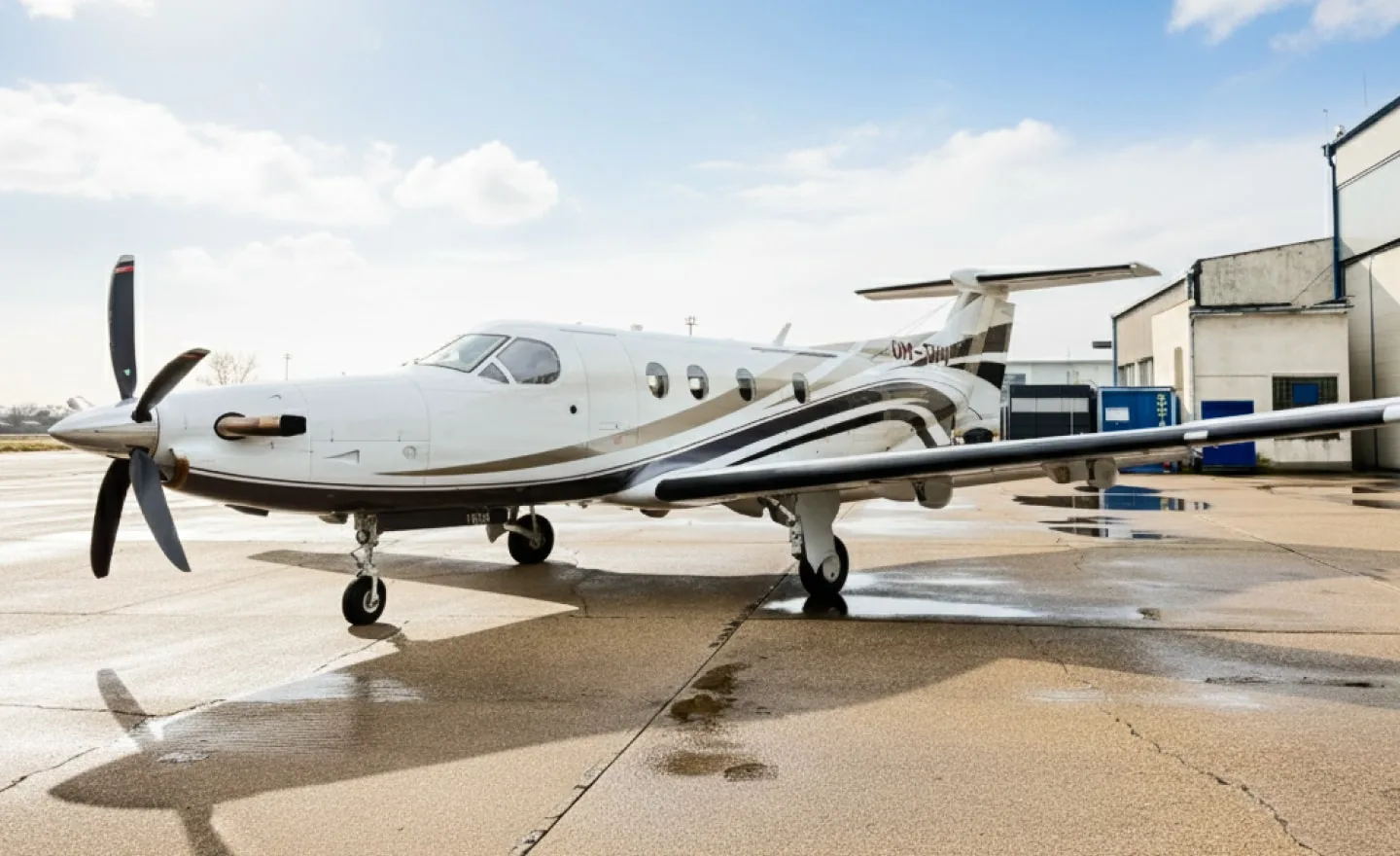 A white Pilatus PC-12 turboprop aircraft with brown and black stripes parked on a wet tarmac at an airport.