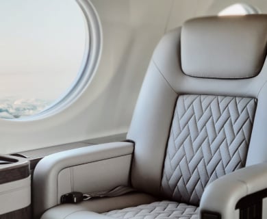 Close-up of a luxurious aircraft seat next to a window.