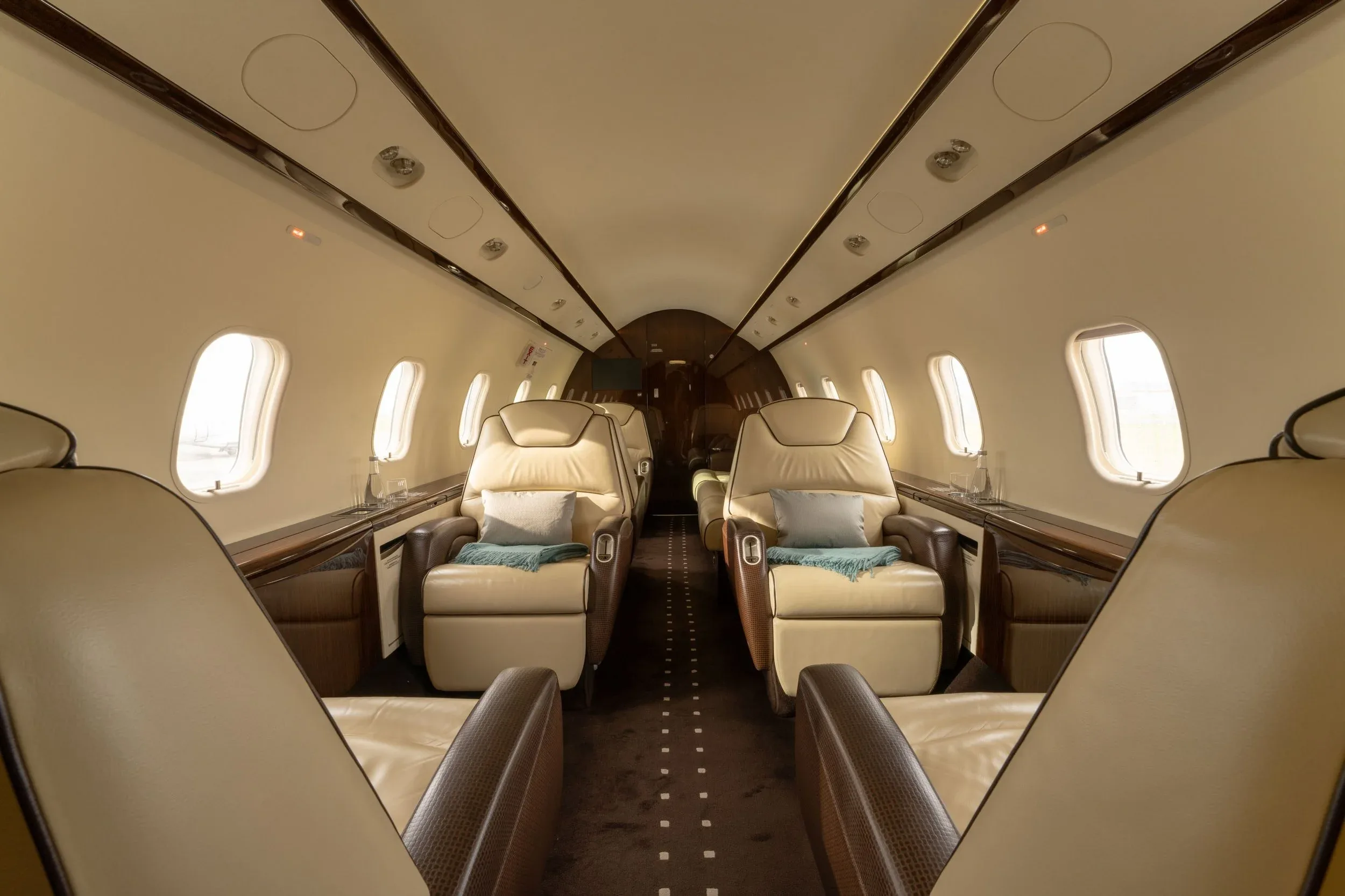 The aircraft cabin features two rows of beige leather seats with dark wood accents and small windows.