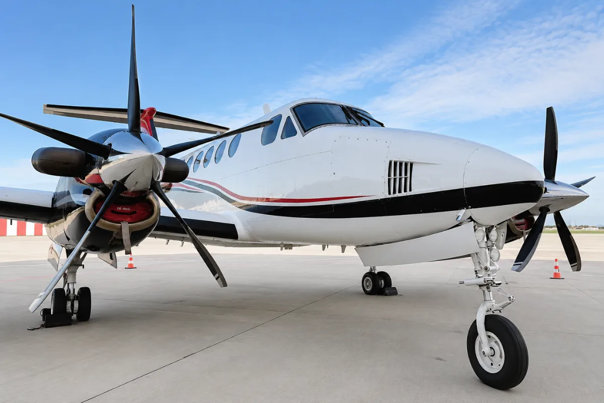 A close-up, low-angle view of the front of a white and red twin-engine turboprop aircraft on the tarmac.