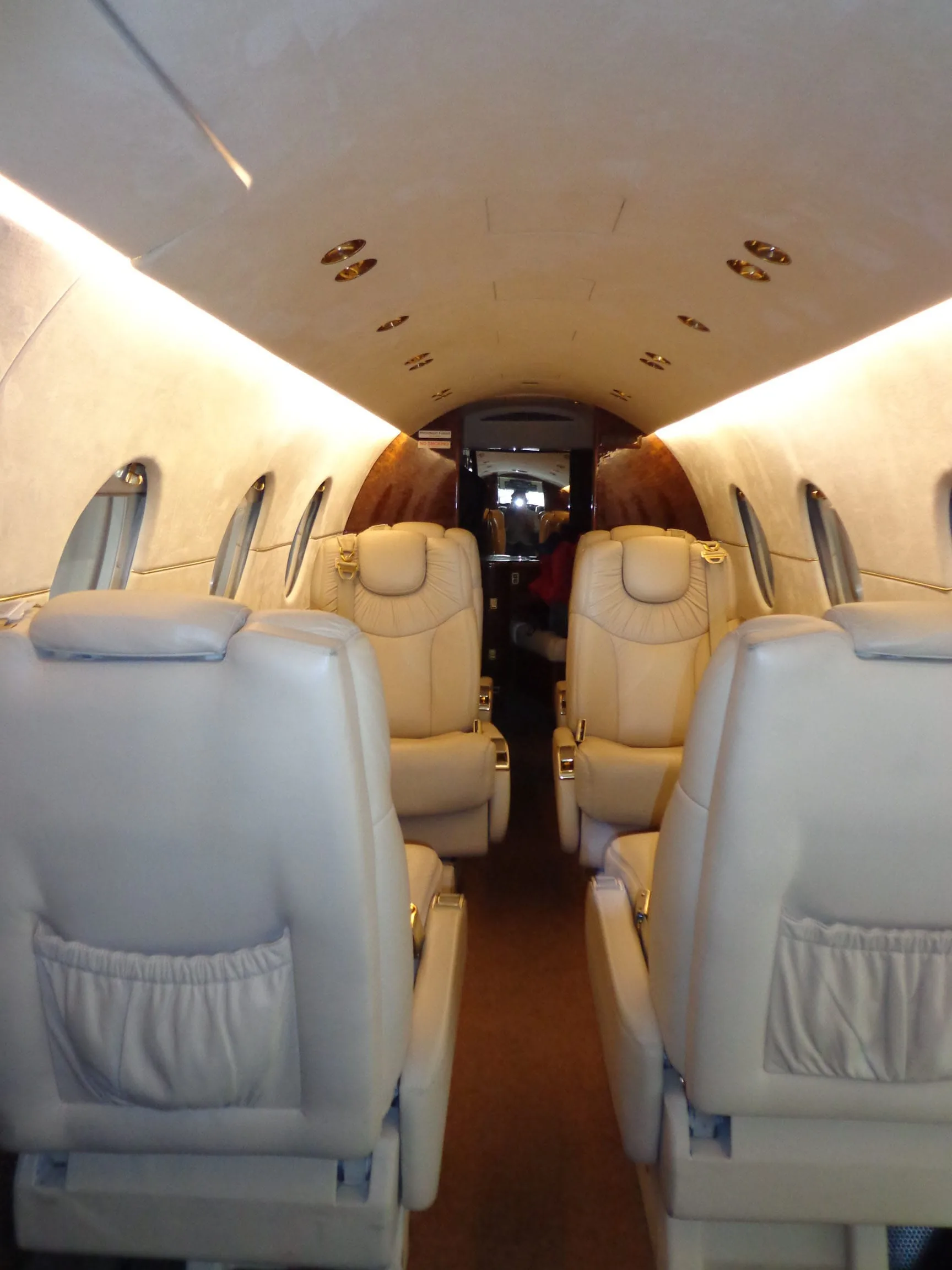 A view down the aisle of a private jet's cabin, featuring light beige leather seats and overhead lighting.