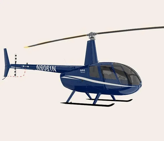 A blue Robinson R44 helicopter with white stripes, viewed from the rear left side.