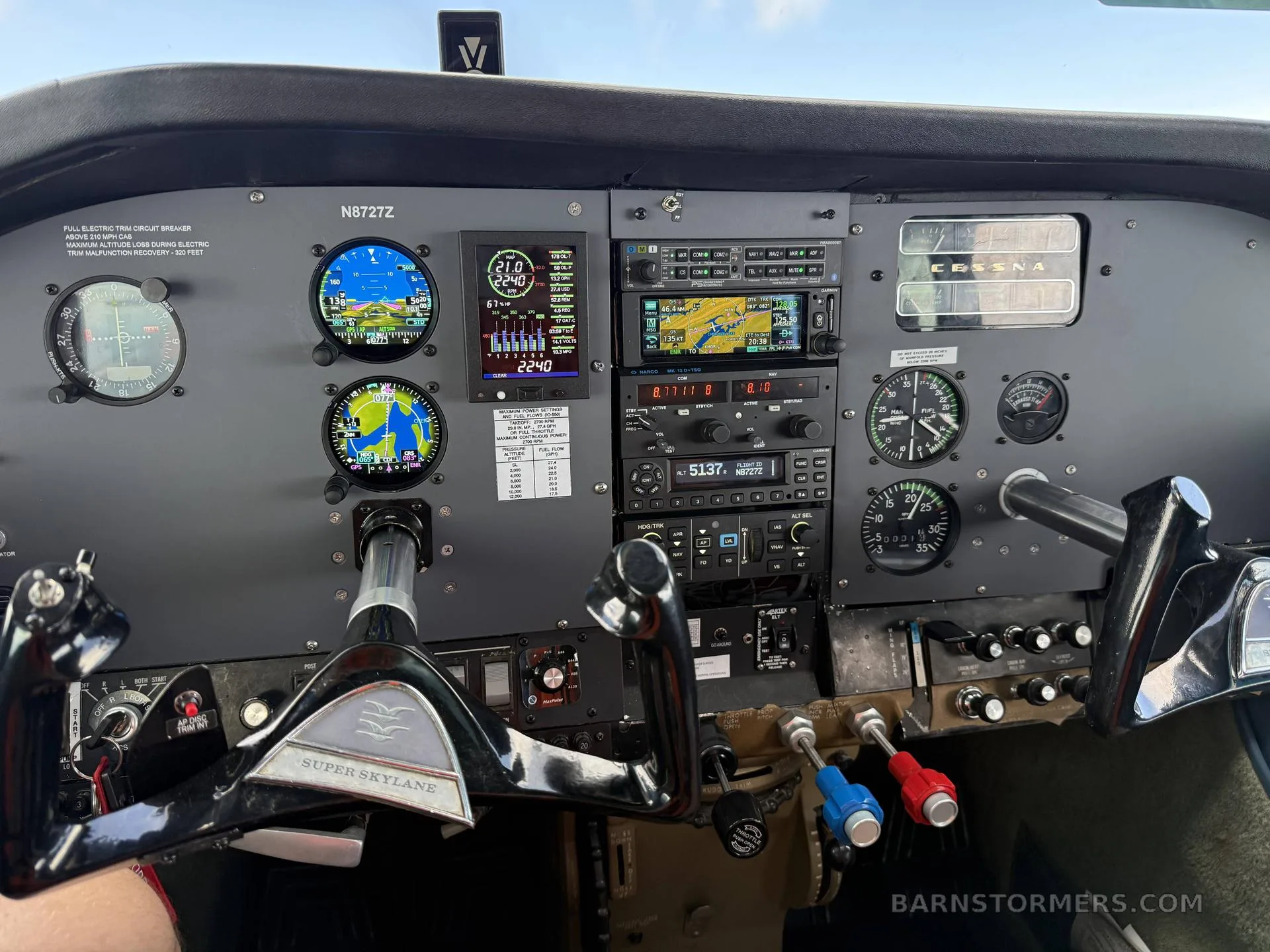 The cockpit of a Cessna Super Skylane, N8727Z, showing the instrument panel with modern avionics and traditional gauges.