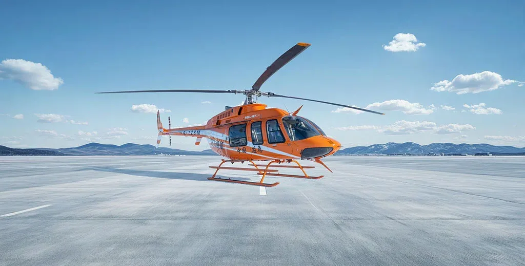 A three-quarter front view of an orange and white Bell 407 helicopter on a snowy airfield.